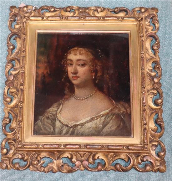Follower of Sir Peter Lely, portrait of a lady, oil on panel, in carved giltwood Florentine frame and a pair of French interior scenes,